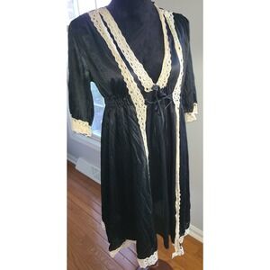 Women's Black Lace Trim Nightgown Nightdress, Silk Rayon Robe & Nightgown, 2pcs